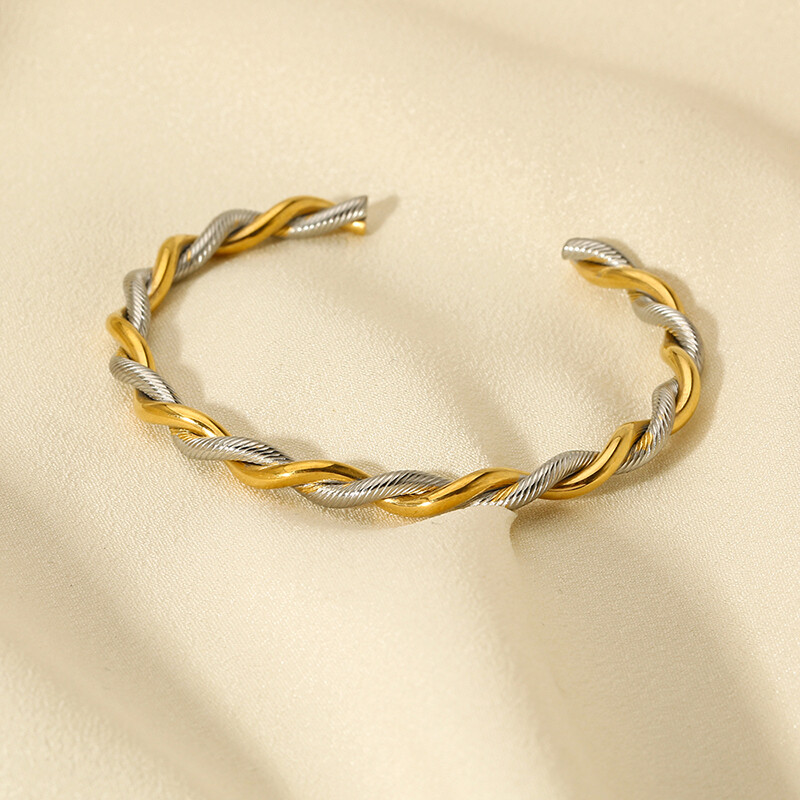 Elegantný náramok z nehrdzavejúcej ocele s 18K PVD pokovovaním, krútený v dvoch odtieňoch, manžetový náramok pre ženy, minimalistický kovový textúrovaný otvorený náramok