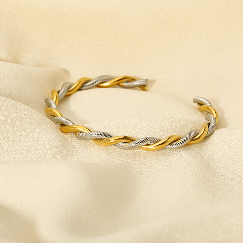 Elegantný náramok z nehrdzavejúcej ocele s 18K PVD pokovovaním, krútený v dvoch odtieňoch, manžetový náramok pre ženy, minimalistický kovový textúrovaný otvorený náramok