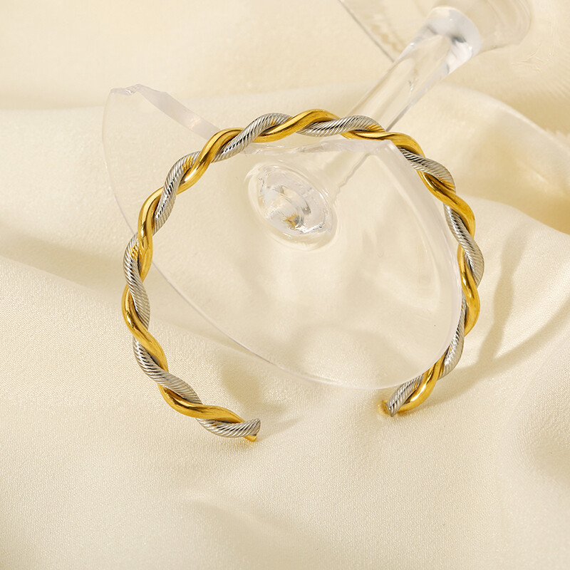 Elegantný náramok z nehrdzavejúcej ocele s 18K PVD pokovovaním, krútený v dvoch odtieňoch, manžetový náramok pre ženy, minimalistický kovový textúrovaný otvorený náramok