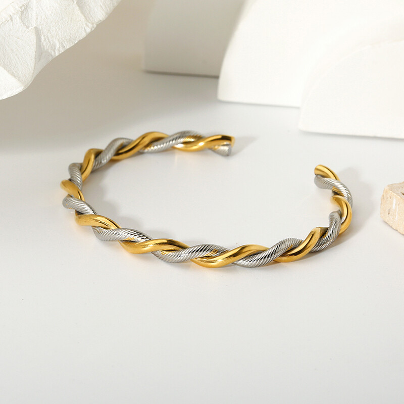 Elegantný náramok z nehrdzavejúcej ocele s 18K PVD pokovovaním, krútený v dvoch odtieňoch, manžetový náramok pre ženy, minimalistický kovový textúrovaný otvorený náramok