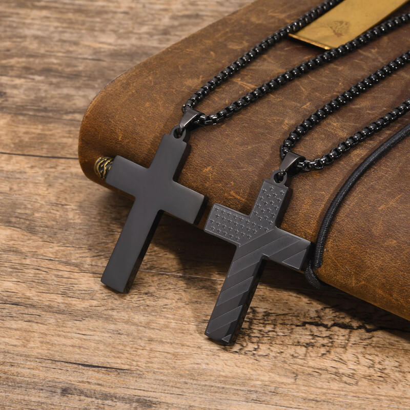 Vnox American Flag Cross kulonu kaklarota vīriešiem, trekns ASV karoga tekstūras kulons, melnas nerūsējošā tērauda ticības rotaslietas