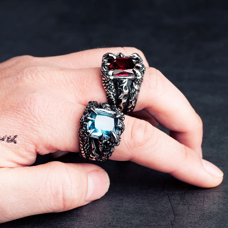 Retro punk prsten sa zmajevom kandžom od crvenog kamena Prsten od nehrđajućeg čelika za koktel zabave Veliki kameni prsten za muškarce i žene Veličina 7-13
