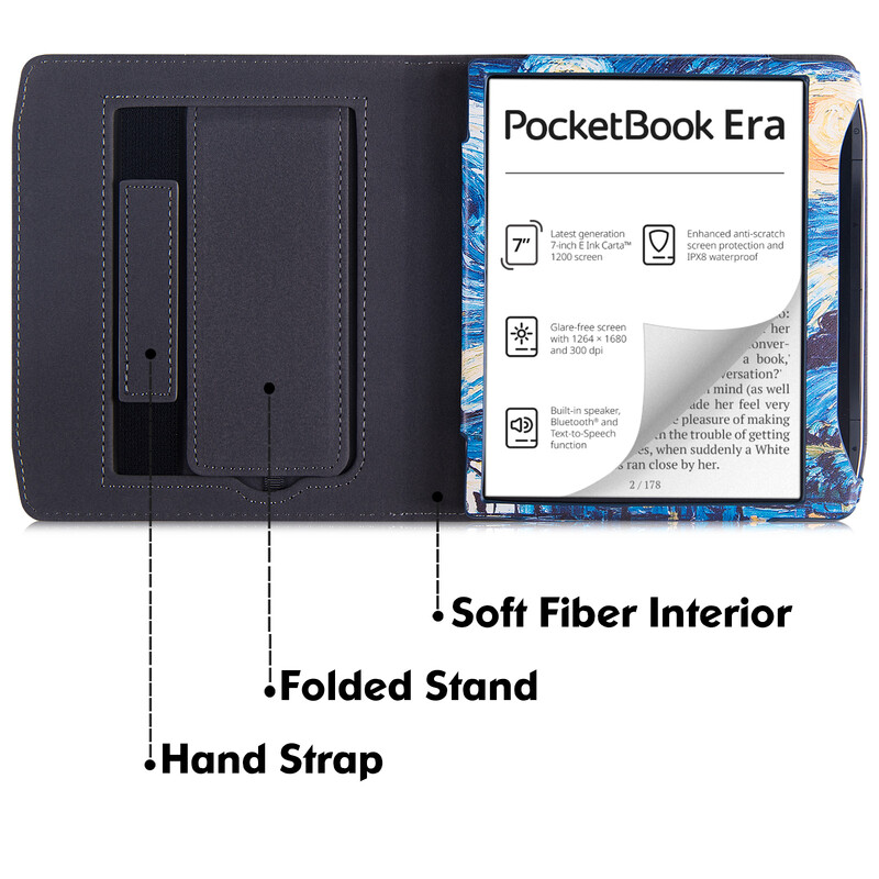 Husă cu suport pentru e-Reader Pocketbook 700 Era/Era Color - Husă de protecție premium din piele PU cu curea de mână și trezire automată a somnului