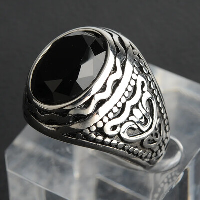 Ručno rađeno tamnoplavo kameno prstenje za muškarce Gravirani rock punk muški nakit od nehrđajućeg čelika za dječake Muški prsten s pečatom srebrno zlatne boje