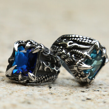 Vintage Nordic Viking Dragon Claw Ring with Red Blue Black Stone Crystal από ανοξείδωτο ατσάλι Punk Rock Δαχτυλίδι Μεγάλο Μέγεθος 13 14 15