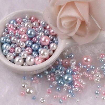 144 komada šarenih imitacijskih bisernih perli s rupom 3-8 mm, okruglih kuglica od smole, bisernih kuglica, odstojnika, labavih perli za DIY izradu nakita