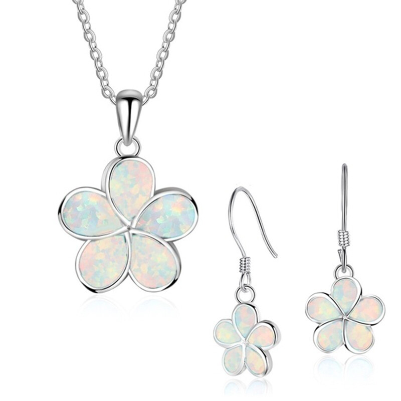 Divat virág utánzat kék tűz opál növény medál nyaklánc fülbevaló nőknek esküvői ékszer kiegészítők készlet Drop shipping