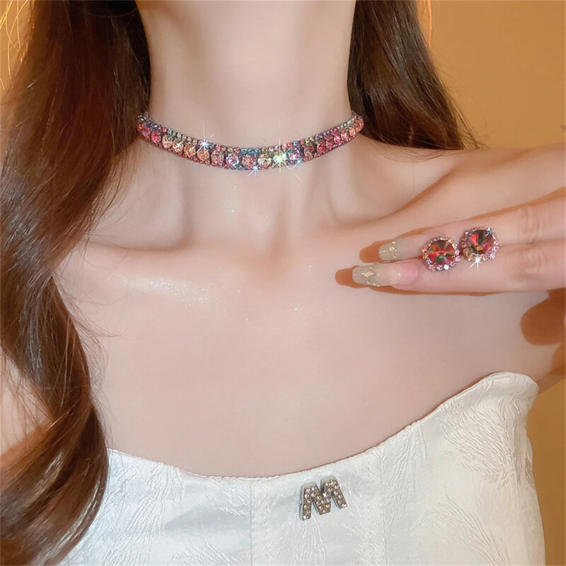 FYUAN Luksuzna kristalna ogrlica Set naušnica Ružičasto ljubičasta Šarena ogrlica za žene Vjenčanja Setovi nakita Dodaci