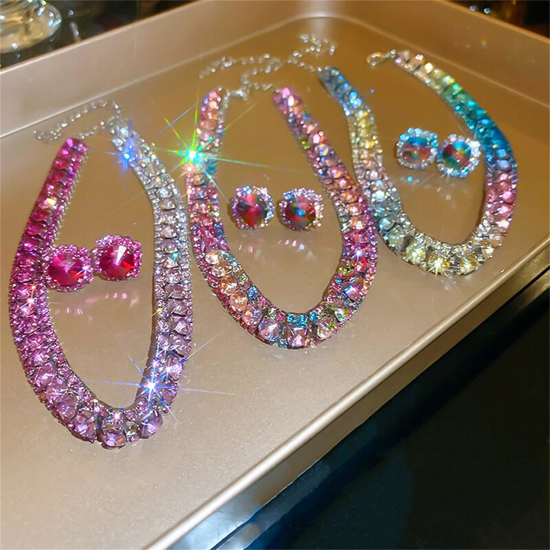 FYUAN Luksuzna kristalna ogrlica Set naušnica Ružičasto ljubičasta Šarena ogrlica za žene Vjenčanja Setovi nakita Dodaci