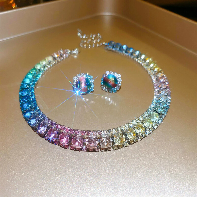 FYUAN Luksuzna kristalna ogrlica Set naušnica Ružičasto ljubičasta Šarena ogrlica za žene Vjenčanja Setovi nakita Dodaci