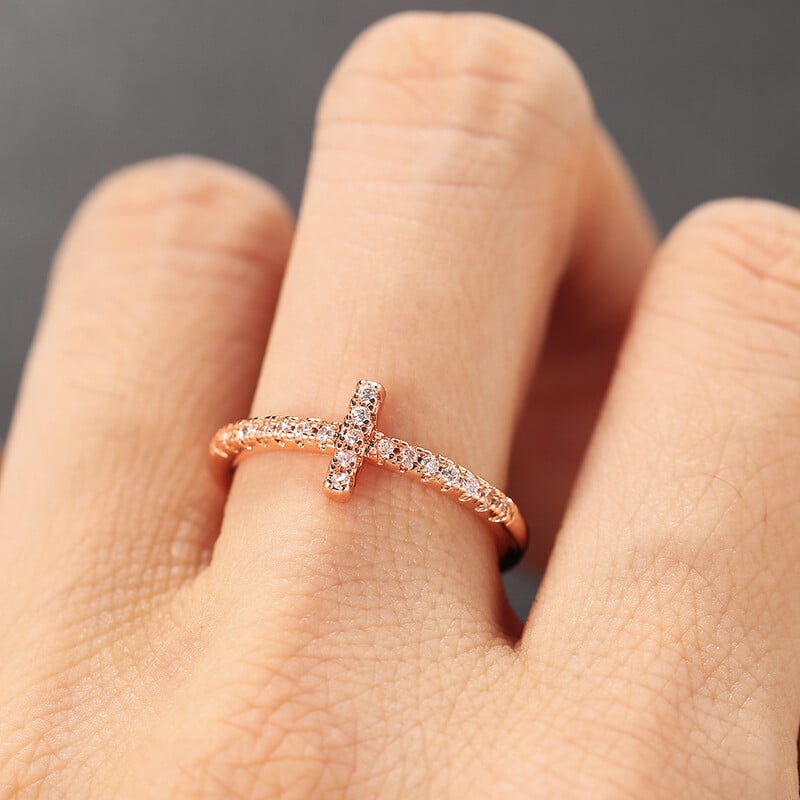 Krížový prsteň pre ženy, kórejská móda, mikrointarzované zirkónové elegantné prstene, ružovo-zlaté krištáľové doplnky na prsty, šperky R715