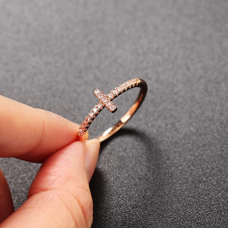 Krížový prsteň pre ženy, kórejská móda, mikrointarzované zirkónové elegantné prstene, ružovo-zlaté krištáľové doplnky na prsty, šperky R715