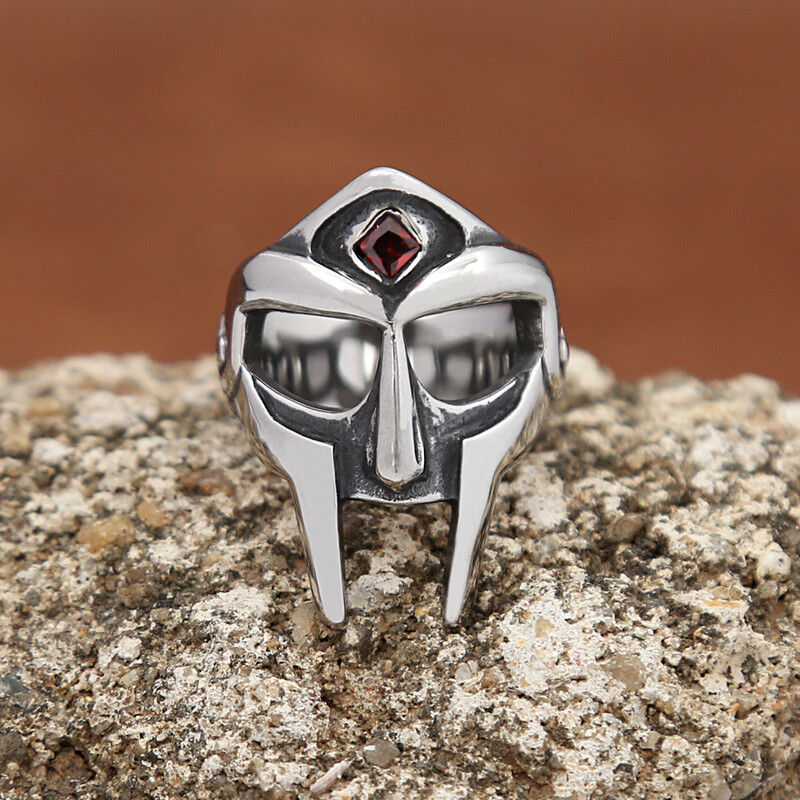 Moda Vintage MF DOOM Inele cu masca cu piatra rosie Punk Hip Hop Inel cu craniu din oțel inoxidabil pentru bărbați, femei, bijuterii, cadou cu ridicata