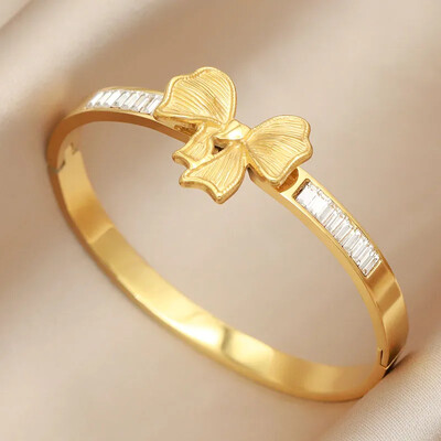 Brățări deschise cu flori din metal din oțel inoxidabil pentru femei Bijuterii de marcă de modă Brățări delicate cu noduri de fluture Accesorii pentru petreceri