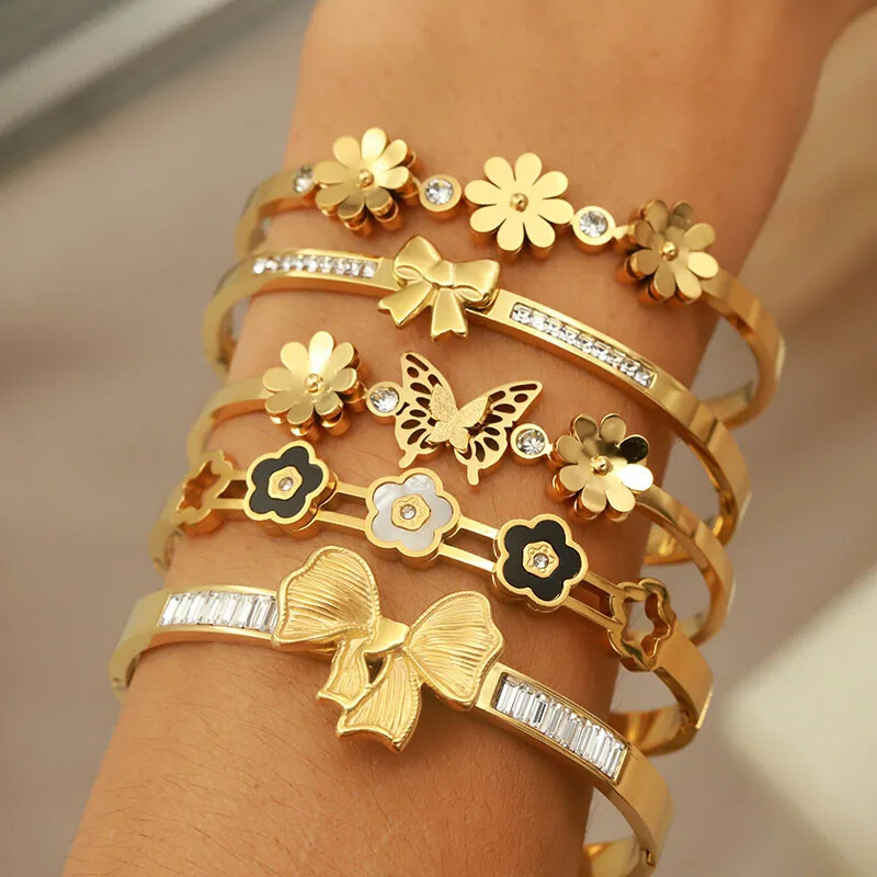 Brățări deschise cu flori din metal din oțel inoxidabil pentru femei Bijuterii de marcă de modă Brățări delicate cu noduri de fluture Accesorii pentru petreceri