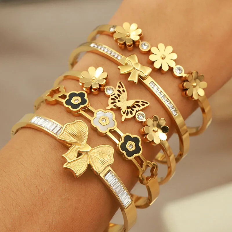 Brățări deschise cu flori din metal din oțel inoxidabil pentru femei Bijuterii de marcă de modă Brățări delicate cu noduri de fluture Accesorii pentru petreceri