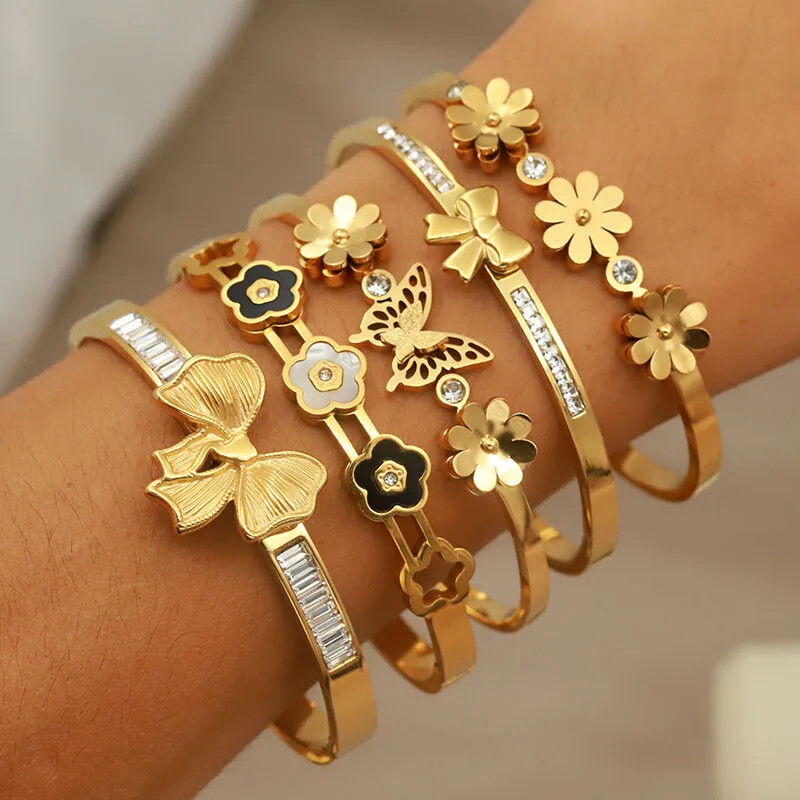 Brățări deschise cu flori din metal din oțel inoxidabil pentru femei Bijuterii de marcă de modă Brățări delicate cu noduri de fluture Accesorii pentru petreceri