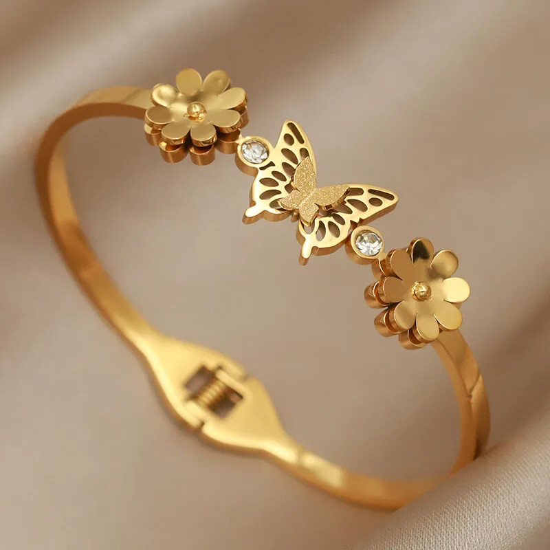 Brățări deschise cu flori din metal din oțel inoxidabil pentru femei Bijuterii de marcă de modă Brățări delicate cu noduri de fluture Accesorii pentru petreceri