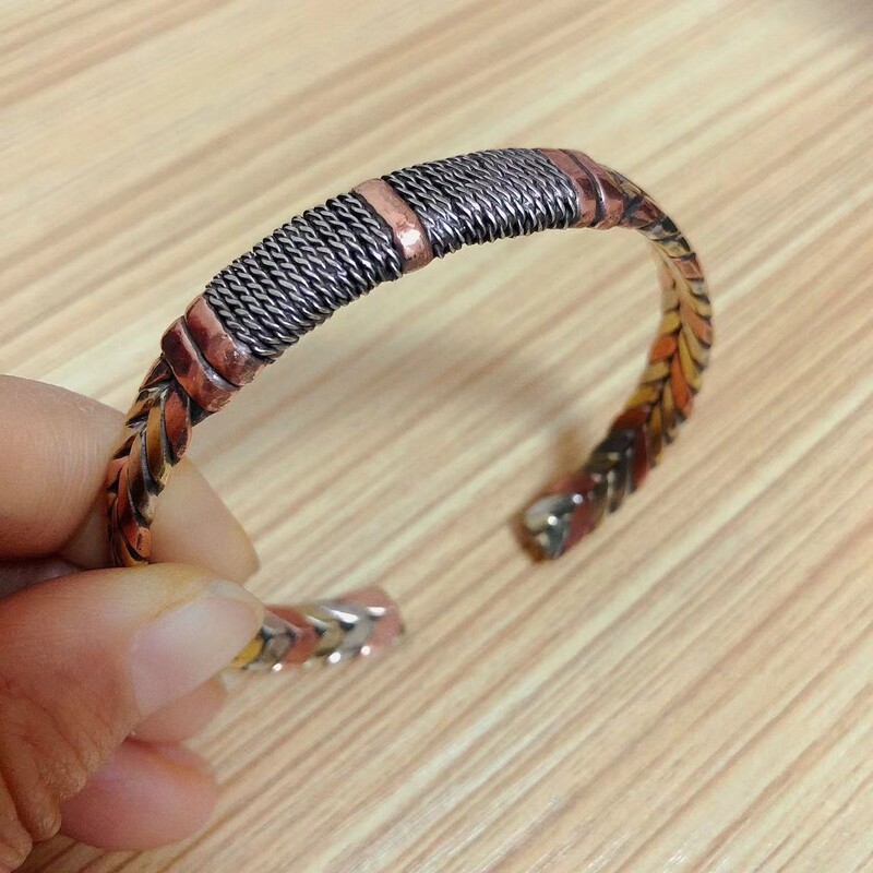 BR499 Vintage tibeti 3 színű réz fém kézzel fonott nyitott hátú állítható mandzsetta karkötő