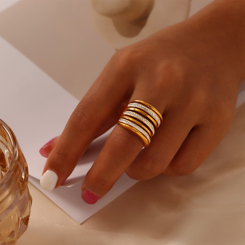 Jauni nerūsējošā tērauda gredzeni sievietēm vairāku slāņu cirkona kāzu lentes sieviešu pirkstiem, atvērti gredzeni, ūdensizturīgi rotaslietas