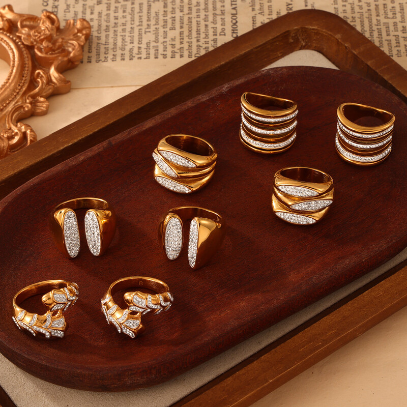 Jauni nerūsējošā tērauda gredzeni sievietēm vairāku slāņu cirkona kāzu lentes sieviešu pirkstiem, atvērti gredzeni, ūdensizturīgi rotaslietas