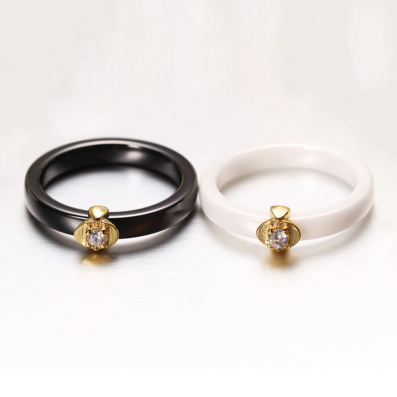 Fekete-fehér színű női jegygyűrűk sima kerámia, AAA cirkóniával női esküvői ajándék ingyenes szállítás