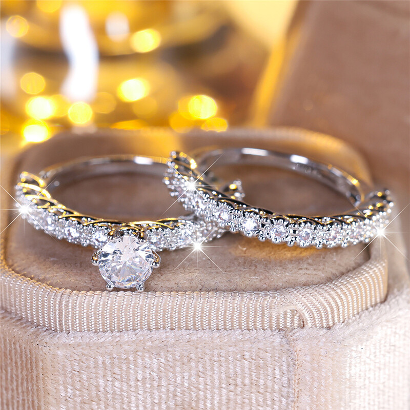 Luksuzni ženski bijeli okrugli prsten od cirkonskog kamena Set srebrne boje, fin zaručnički vjenčani nakit za žene