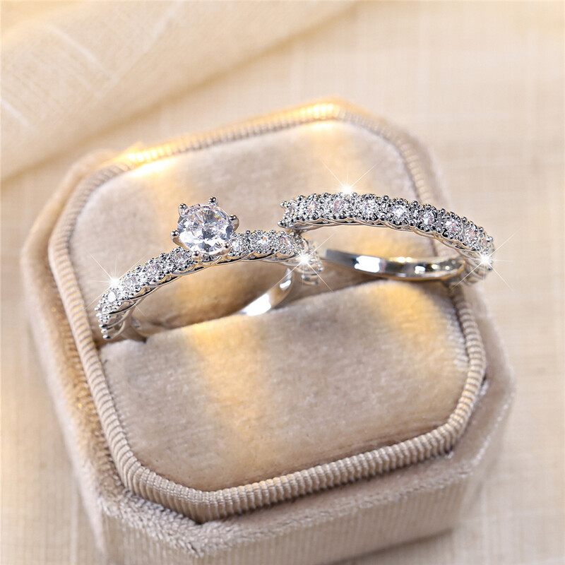 Luksuzni ženski bijeli okrugli prsten od cirkonskog kamena Set srebrne boje, fin zaručnički vjenčani nakit za žene
