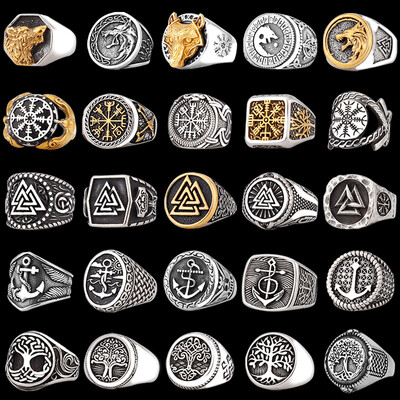 Viking nerūsējošā tērauda gredzens enkura kompass dzīvības koks Ziemeļvalstu vikingu rūnu vilka vīriešu un sieviešu gredzenu rotaslietas puisim kā dāvana