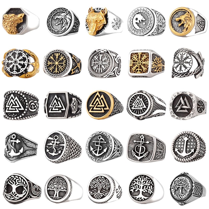Vikingský prsteň z nehrdzavejúcej ocele s kotvou, kompasom, stromom života, severským vikingským runovým vlkom pre mužov a ženy, prsteňové šperky pre priateľa ako darček