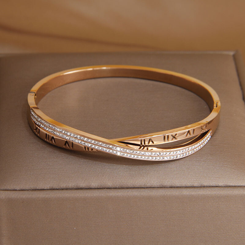 Klasikinė nerūdijančio plieno romėniško numerio žavinga apyrankė moterims romėniško kristalo susuktos apyrankės nuo rūdžių riešo papuošalų dovanų vakarėliui