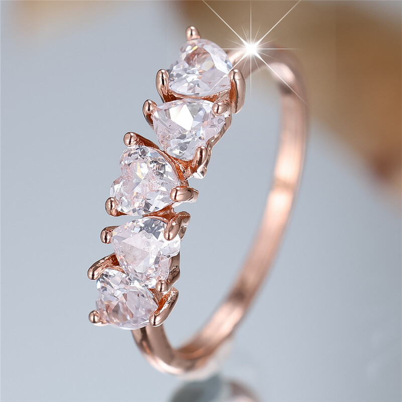 Prabangūs moteriški balto cirkonio akmens sužadėtuvių žiedai su pirštais, vintažinės rožinės spalvos aukso spalvos vestuvių juosta nuotakos papuošalai moterims