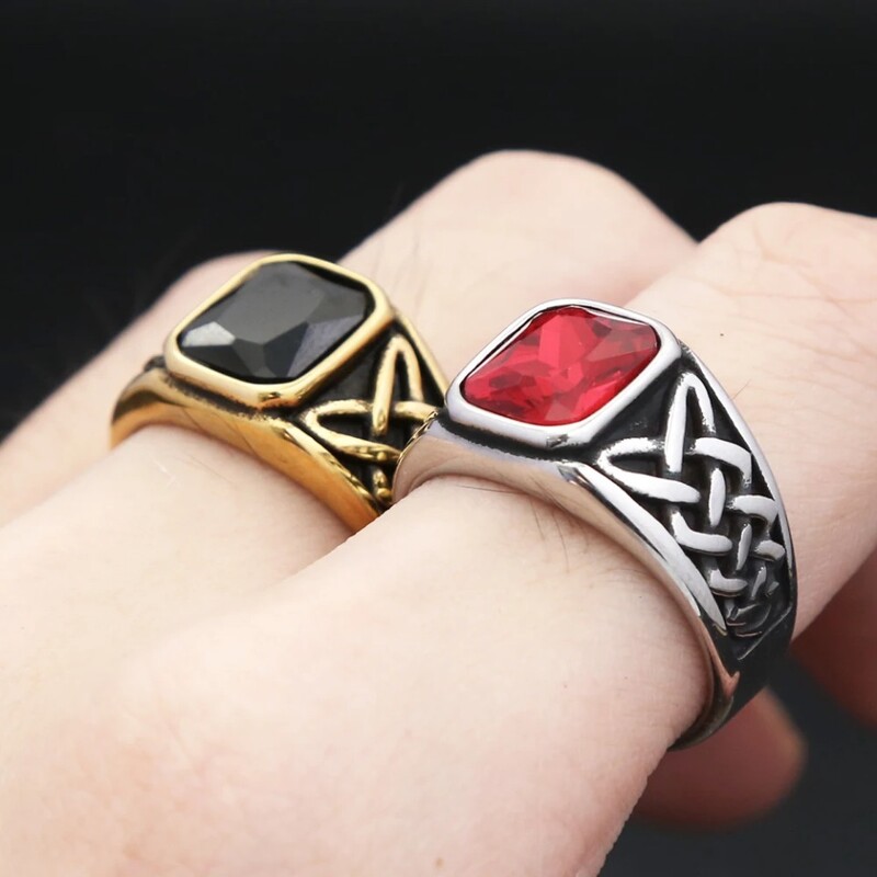 Μόδα Vintage Nordic Vikings Knot Rune Rings για Άντρες Γυναικεία Ανοξείδωτο Τετράγωνο Κόκκινο Πέτρινο Δαχτυλίδι Δώρα Κοσμήματα Χονδρική