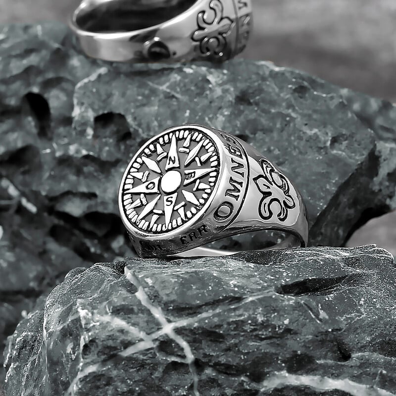Vintage pánsky punkový hip hopový prsteň z nehrdzavejúcej ocele, kompas, vikingský motorkársky keltský runový amulet, prstové doplnky, prsteňové šperky