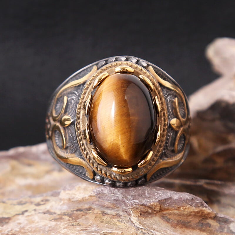 Módny vintage nerezový oválny prsteň s tigrím okom pre mužov a ženy, punkový ručne vyrezávaný kameňový prsteň, turecké šperky, darček, veľkoobchod