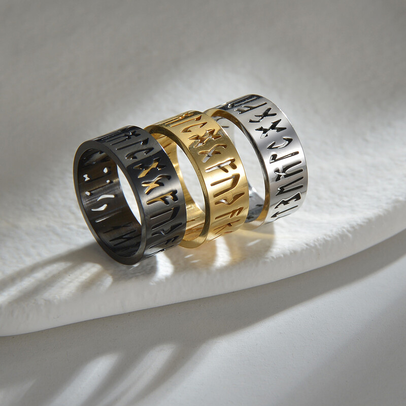 Novo od nehrđajućeg čelika, izdubljen Odin, nordijski vikinški amulet s runama, muški prstenovi, modne riječi, retro nakit