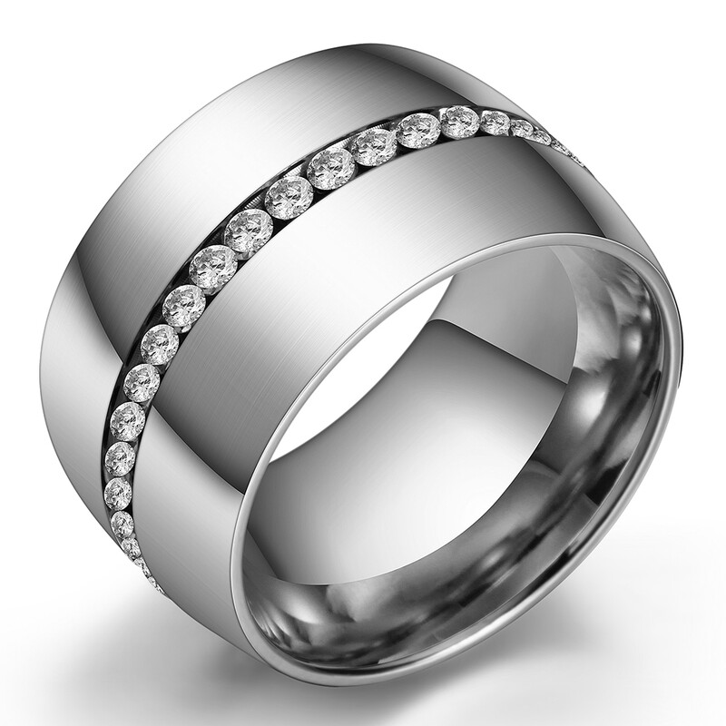 Klasické oceľové prstene so šírkou 14 mm pre ženy, pozlátené ružovým zlatom a kryštálmi Pave Rose.