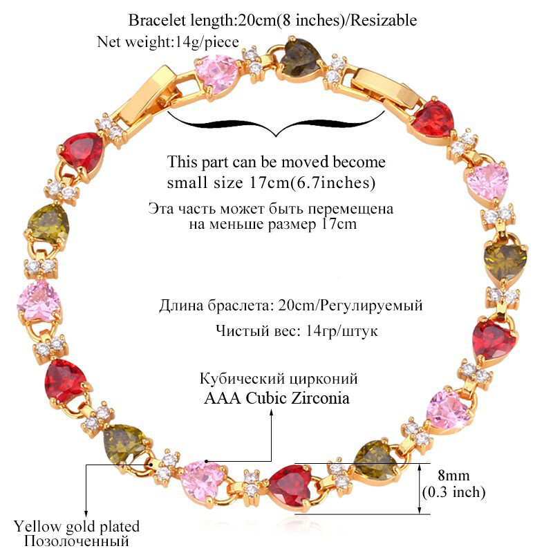 Luxusné tenisové šperky U7, viacfarebný náramok s korálkami v tvare srdca, zirkón, krištáľové korálky pre ženy 17 cm QC24