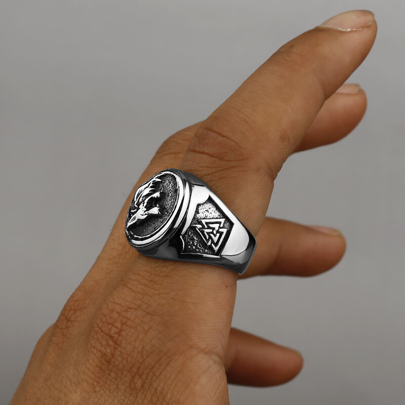 Viking Valknut Rune Inel cu cap de lup Inel pentru degete din oțel inoxidabil cu personalitate de modă pentru bărbați, cadou pentru bijuterii pentru club de petrecere