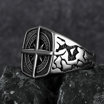 Vikings Cross Jūrų žemėlapis Amuleto žiedas vyriškas nerūdijančio plieno Šiaurės runų žiedas, dovanos dviratininkams pankroko hiphopo papuošalai