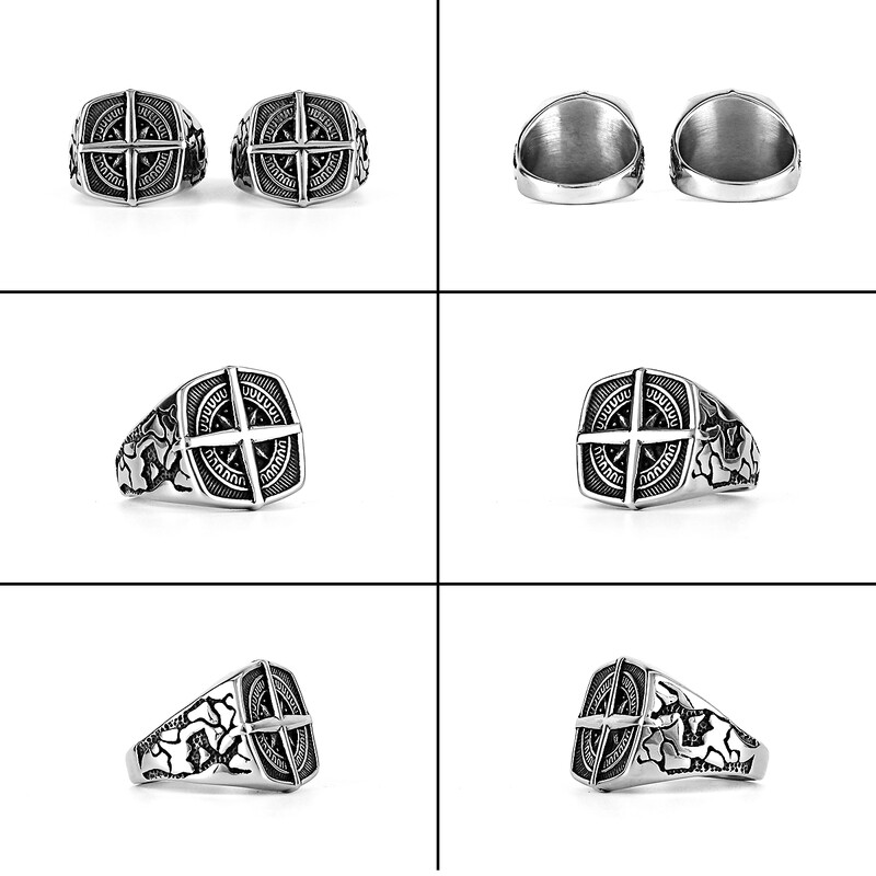 Vikings Cross Jūrų žemėlapis Amuleto žiedas vyriškas nerūdijančio plieno Šiaurės runų žiedas, dovanos dviratininkams pankroko hiphopo papuošalai