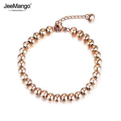 JeeMango Trendy Rose Gold Krāsa 4/6mm Apaļas Pērlītes Strand rokassprādzes Rokassprādze Nerūsējošā tērauda Ķēdes Rokassprādze Sieviešu Meitenēm JB18023