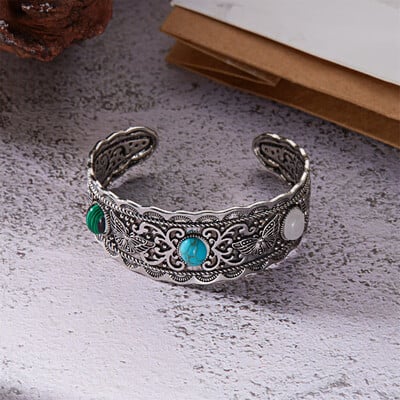 Vintage antik ezüst színű természetes kő széles karkötők női kínai stílusú retro arany színű mandzsetta karkötő ékszerek