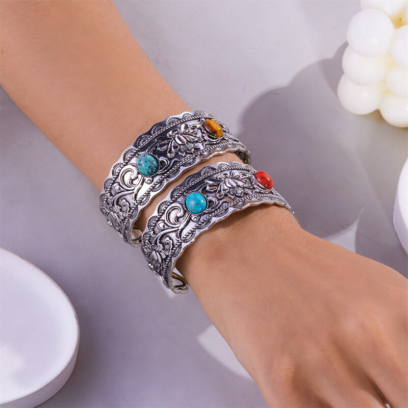 Vintage antik ezüst színű természetes kő széles karkötők női kínai stílusú retro arany színű mandzsetta karkötő ékszerek