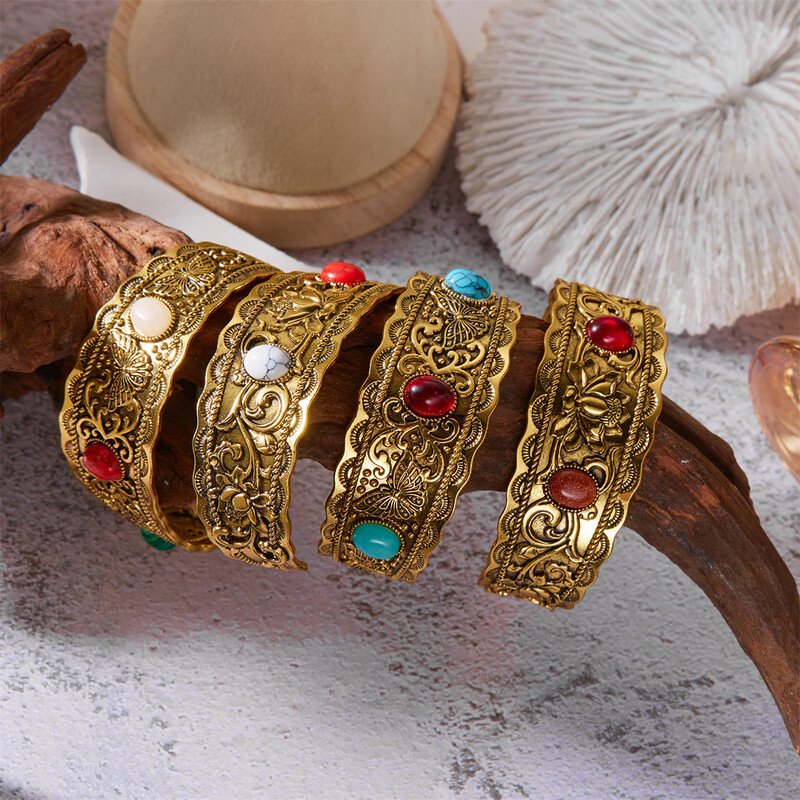 Vintage antik ezüst színű természetes kő széles karkötők női kínai stílusú retro arany színű mandzsetta karkötő ékszerek