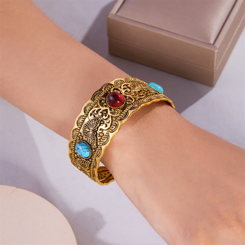 Vintage antik ezüst színű természetes kő széles karkötők női kínai stílusú retro arany színű mandzsetta karkötő ékszerek