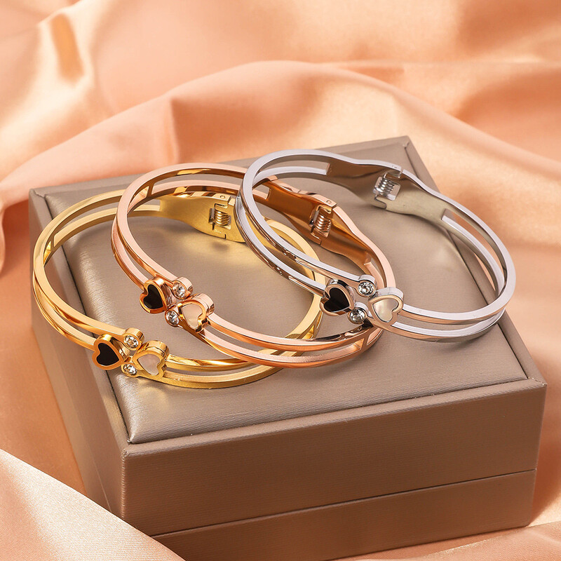 Divatos őszibarack szívű, rozsdamentes acél karkötő, nem fakulás, gyönyörű női tavaszi nyitó karkötő, születésnapi parti ajándék