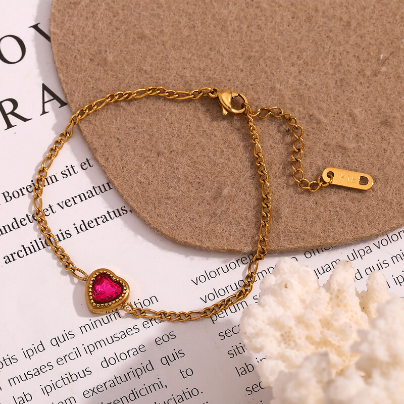 MamacitaSlay Brățări populare din oțel inoxidabil cu inimă roșie cu lanț Figaro pentru femei Bijuterii placate cu aur rezistente la apă Cadouri