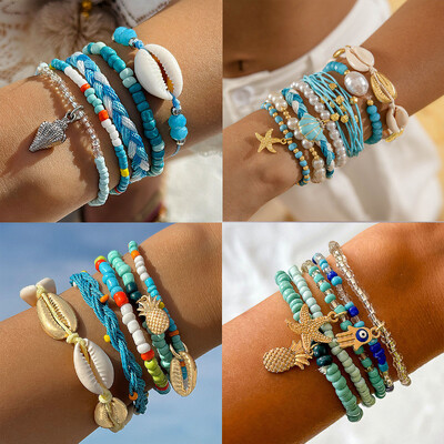Sky Blue ανανάς 5-7 τμχ/σετ Starfish Shell Ocean Conch Party Girl Hamsa Hand Bead Bohemia βραχιόλια για γυναίκες Γυναικεία κοσμήματα