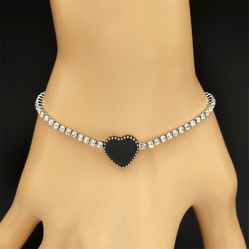 Fekete szív szerelmes karkötő női lányoknak fehér strasszok rozsdamentes acél ezüst színű elegáns parti kézi lánc ékszerek